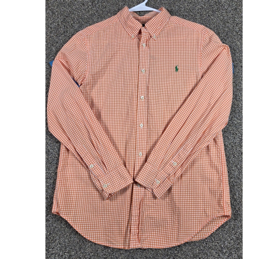 Polo Ralph Lauren Button Down Shirt Mens L‎ Orange Gingham Cotton Pony 0414